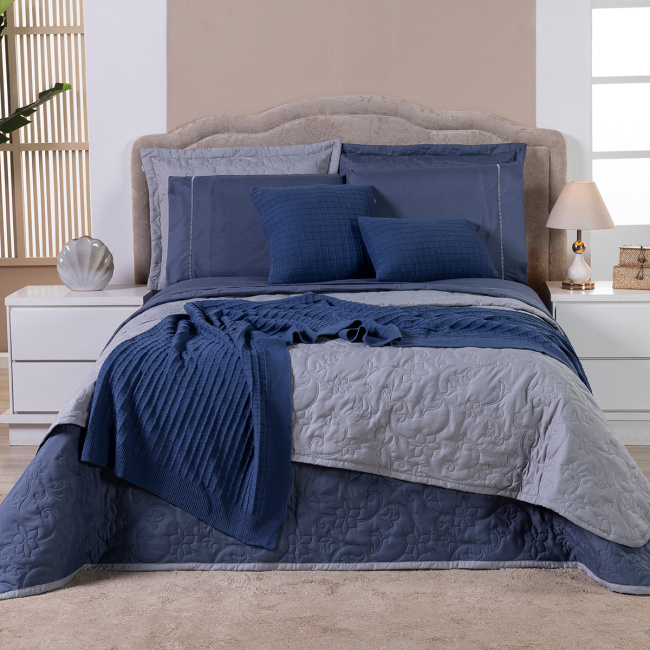 Kit Cama Posta Queen Suavit Percal 400 Fios 2,60m x 2,40m 10 Peças - Azul / Cinza