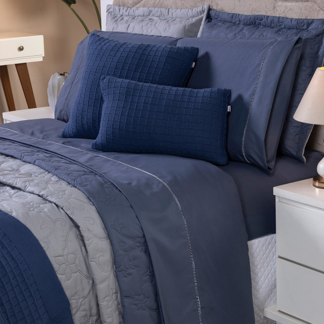 Kit Cama Posta Queen Suavit Percal 400 Fios 2,60m x 2,40m 10 Peças - Azul / Cinza