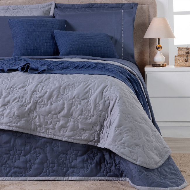Kit Cama Posta Queen Suavit Percal 400 Fios 2,60m x 2,40m 10 Peças - Azul / Cinza
