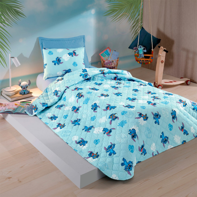 Kit Cobre Leito Colcha Solteiro Disney Infantil Fofinho 2,35m x 1,60m 01 Peça - Stitch Dots