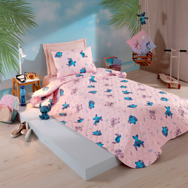 Kit Cobre Leito Colcha Solteiro Disney Infantil Fofinho 2,35m x 1,60m 01 Peça - Stitch Love