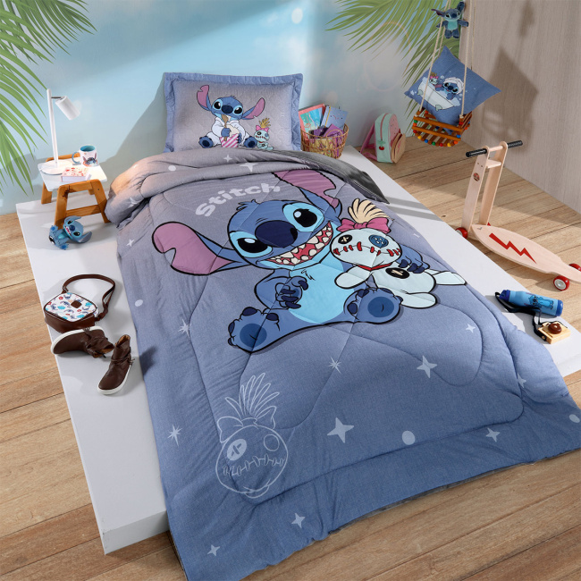 Kit Edredom Colcha Solteiro Disney Infantil Fofinho 2,40m x 1,60m 01 Peça - Stitch Relax