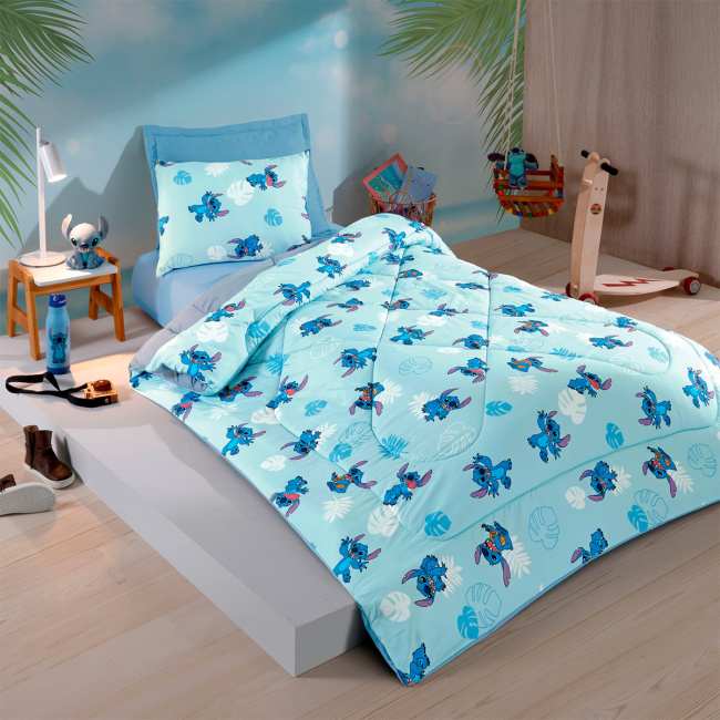 Kit Edredom Colcha Solteiro Disney Infantil Fofinho 2,40m x 1,60m 01 Peça - Stitch Folhas