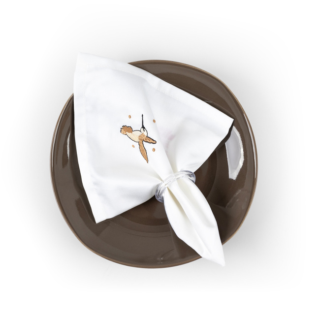 Kit Guardanapos de Pano 40cm x 40cm 400 Fios 100% Algodão Toque Acetinado 04 Peças Branco - Bordado Beija-Flor