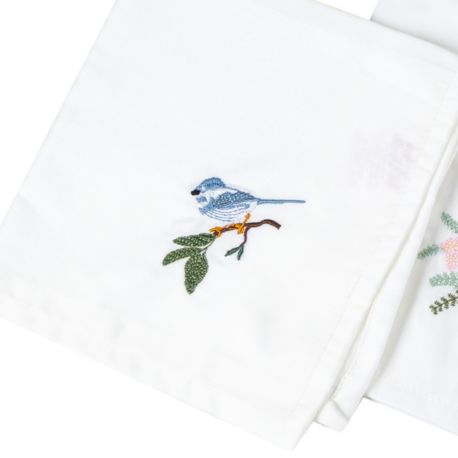 Kit Guardanapos de Pano 40cm x 40cm 400 Fios 100% Algodão Toque Acetinado 04 Peças Branco - Bordado Canarinho Azul