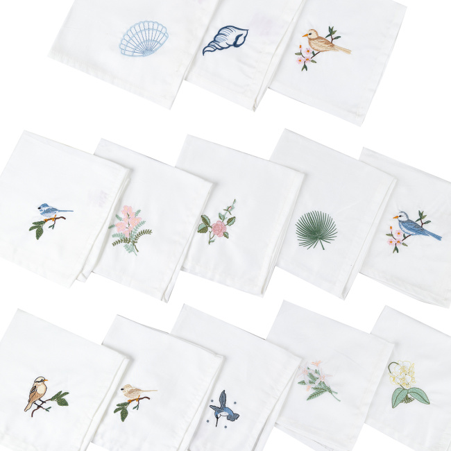 Kit Guardanapos de Pano 40cm x 40cm 400 Fios 100% Algodão Toque Acetinado 04 Peças Branco - Bordado Canarinho Azul