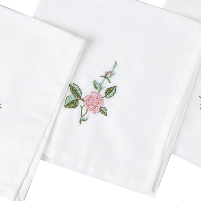 Kit Guardanapos de Pano 40cm x 40cm 400 Fios 100% Algodão Toque Acetinado 04 Peças Branco - Bordado Rosa