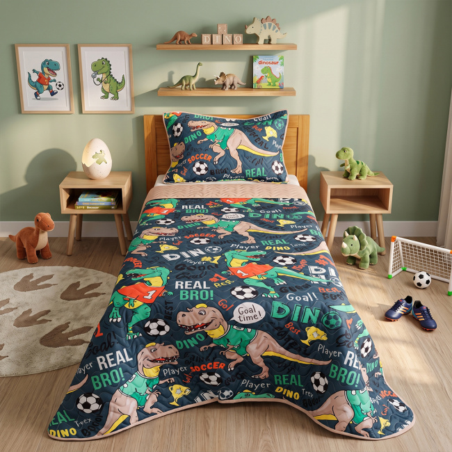 Kit Infantil Cobre Leito Matelado Solteiro Dupla Face 2,20m x 1,80m 02 Peças - Dinossauro / Bege