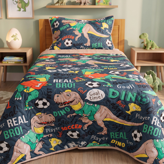 Kit Infantil Cobre Leito Matelado Solteiro Dupla Face 2,20m x 1,80m 02 Peças - Dinossauro / Bege