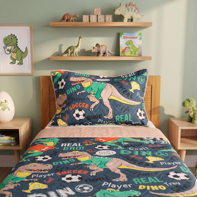 Kit Infantil Cobre Leito Matelado Solteiro Dupla Face 2,20m x 1,80m 02 Peças - Dinossauro / Bege