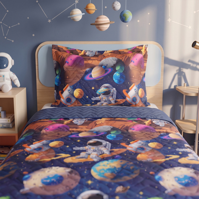 Kit Infantil Cobre Leito Matelado Solteiro Dupla Face 2,20m x 1,80m 02 Peças - Espaço / Azul