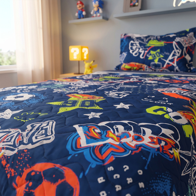 Kit Infantil Cobre Leito Matelado Solteiro Dupla Face 2,20m x 1,80m 02 Peças - Game / Azul