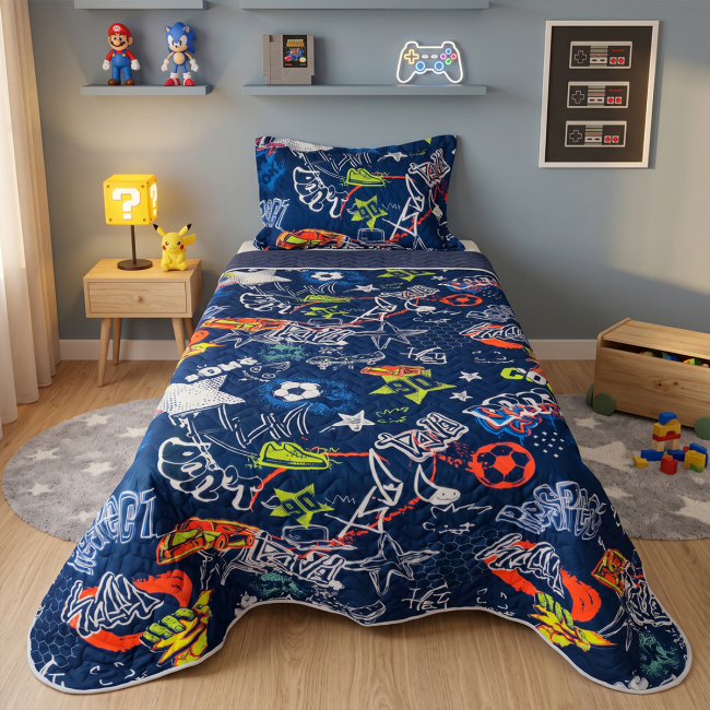 Kit Infantil Cobre Leito Matelado Solteiro Dupla Face 2,20m x 1,80m 02 Peças - Game / Azul