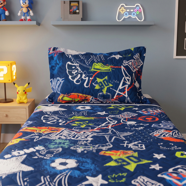 Kit Infantil Cobre Leito Matelado Solteiro Dupla Face 2,20m x 1,80m 02 Peças - Game / Azul
