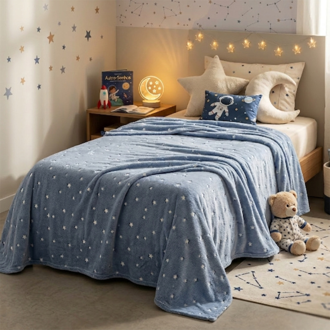 Manta Infantil Glow Brilha no Escuro 180g/m² 2,00m x 1,50m 01 Peça - Estrelas Azul