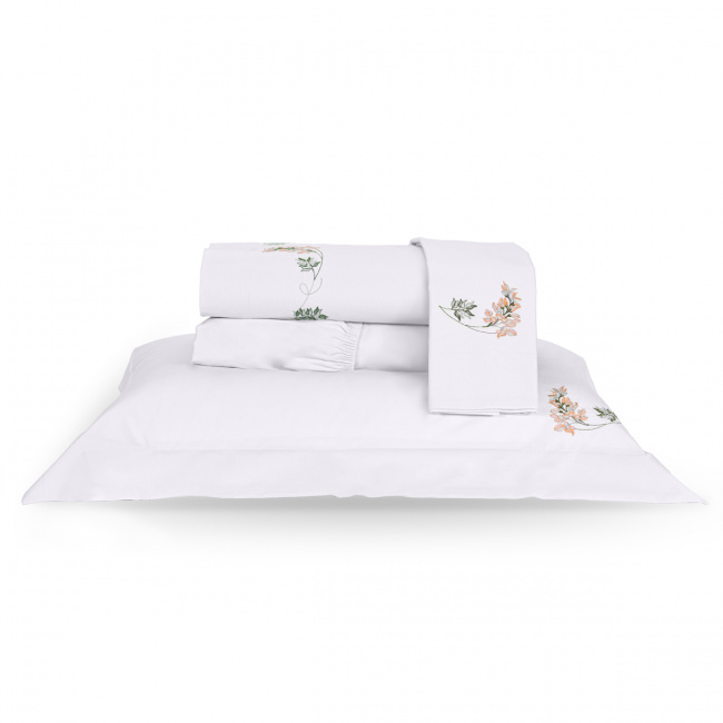 Roupa de Cama Casal Bordado Kim 200 Fios 100% Algodão 04 Peças - Branco / Salmão