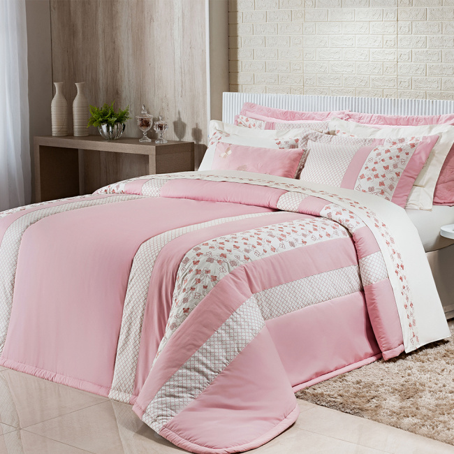 Roupa de Cama Casal King Clara 200 Fios 100% Algodão 04 Peças - Palha / Rosa