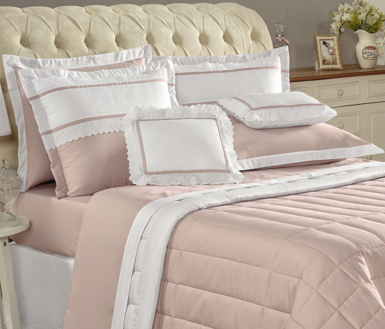 Roupa De Cama Casal King Dual Fios Pe As Ros Branco Borda Bordados Enxovais