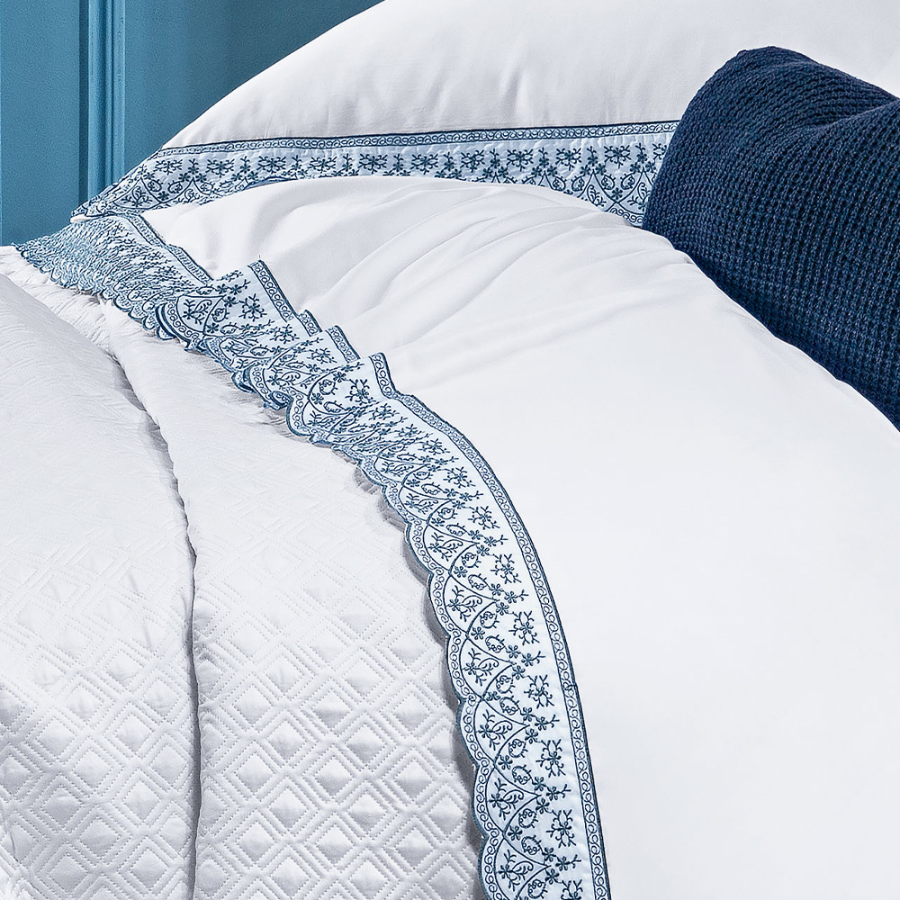 Roupa de Cama Casal King Lácio 400 Fios Egípcio 04 Pçs - Branco / Azul ...