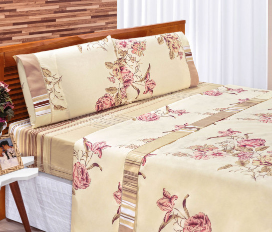 Roupa de Cama Casal Padrão Requinte 180 Fios 04 Peças - Palha