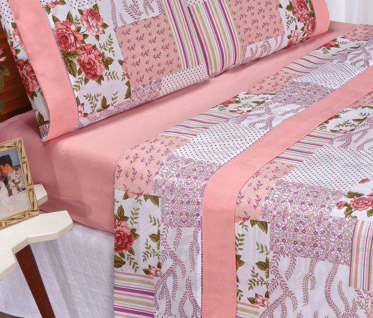 Roupa de Cama Casal Padrão Requinte 180 Fios 04 Peças - Rosê