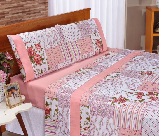 Roupa de Cama Casal Padrão Requinte 180 Fios 04 Peças - Rosê