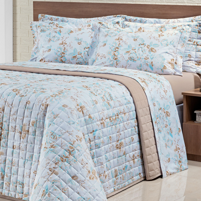 Roupa de Cama Casal Queen Diplomata 200 Fios Algodão 04 Peças - Floral Bege