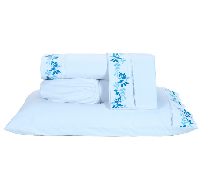 Roupa de Cama Casal Queen Londres 200 Fios 100% Algodão 04 Peças - Branco / Azul