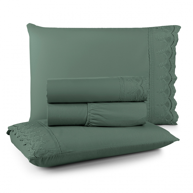 Roupa de Cama Casal Royal Bordado Inglês Percal Toque Macio 04 Peças - Verde