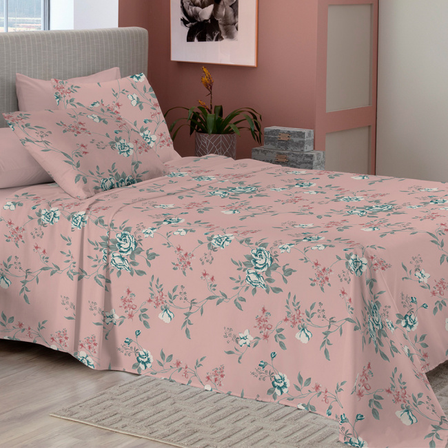 Roupa de Cama King Karsten Microfibra Pré-Lavado 90 gramas 04 Peças - Floral Rosa