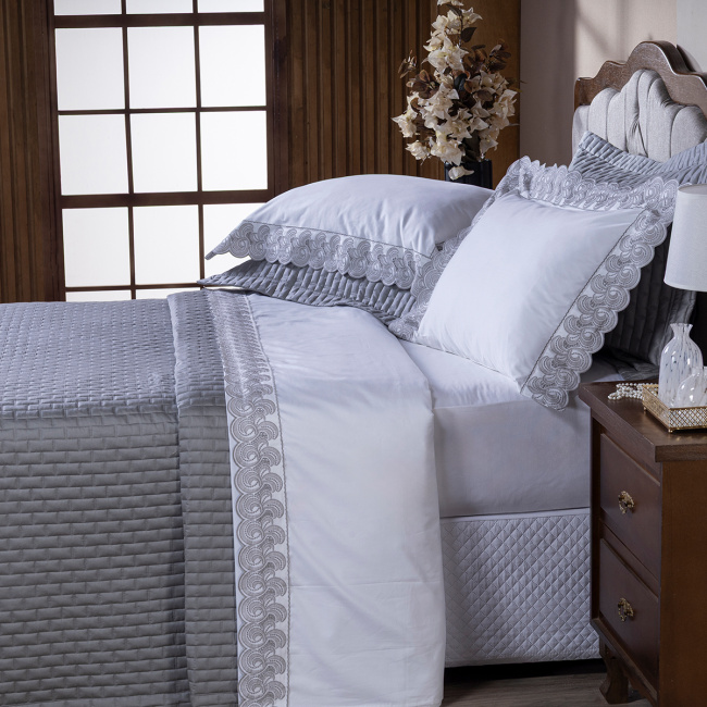 Roupa de Cama King Monaco 400 Fios 100% Algodão Egípcios 04 Peças - Cinza