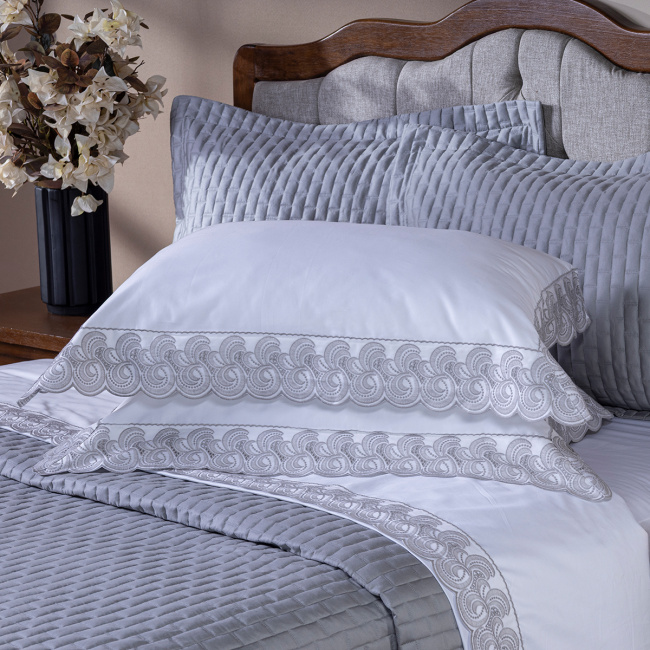 Roupa de Cama King Monaco 400 Fios 100% Algodão Egípcios 04 Peças - Cinza
