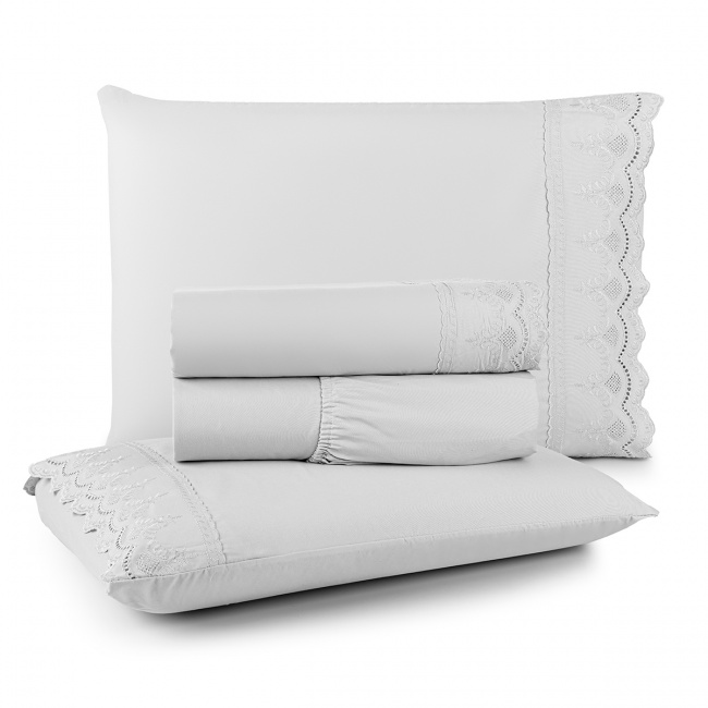 Roupa de Cama King Royal Bordado Inglês Percal Toque Macio 04 Peças - Branco