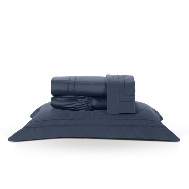 Roupa de Cama Lençol Solteiro King Pádua 400 Fios Egípcio 100% Algodão Bordado Ponto Ajour 03 Peças - Azul