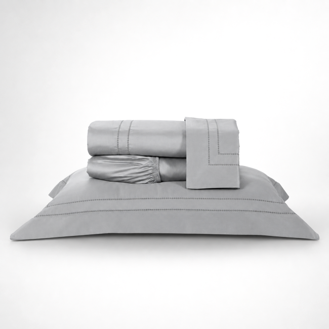 Roupa de Cama Lençol Solteiro King Pádua 400 Fios Egípcio 100% Algodão Bordado Ponto Ajour 03 Peças - Concreto