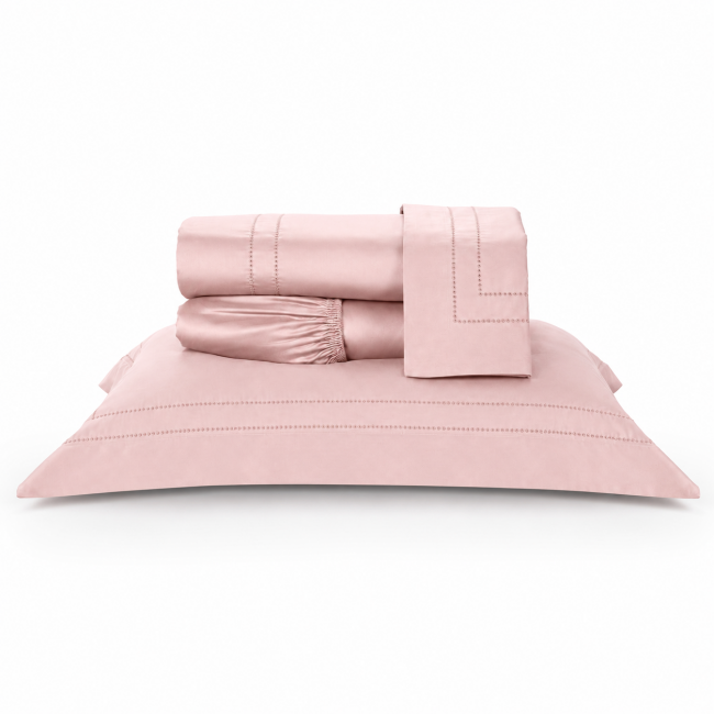 Roupa de Cama Lençol Solteiro King Pádua 400 Fios Egípcio 100% Algodão Bordado Ponto Ajour 03 Peças - Rosa Chá