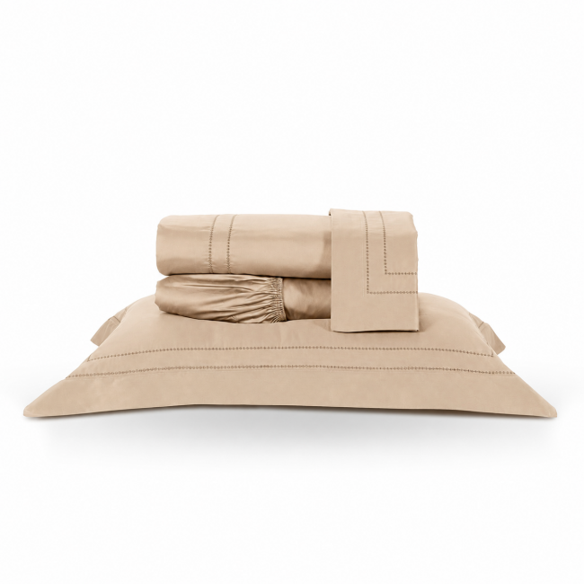 Roupa de Cama Lençol Solteiro Pádua 400 Fios Egípcio 100% Algodão Bordado Ponto Ajour 03 Peças - Cáqui