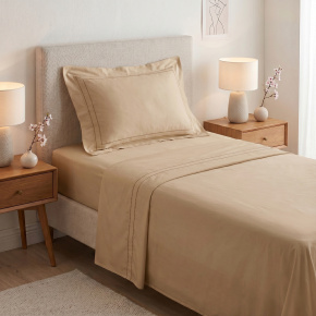 Roupa de Cama Lençol Solteiro Pádua 400 Fios Egípcio 100% Algodão Bordado Ponto Ajour 03 Peças - Cáqui