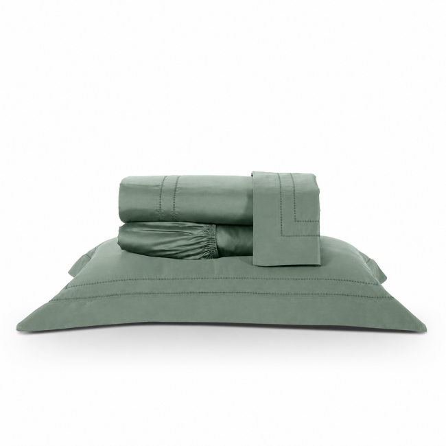 Roupa de Cama Lençol Solteiro Pádua 400 Fios Egípcio 100% Algodão Bordado Ponto Ajour 03 Peças - Verde