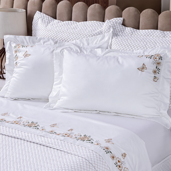 Roupa de Cama Queen Bordada Monet 400 Fios Egípcios 100% Algodão 04 Peças - Branco