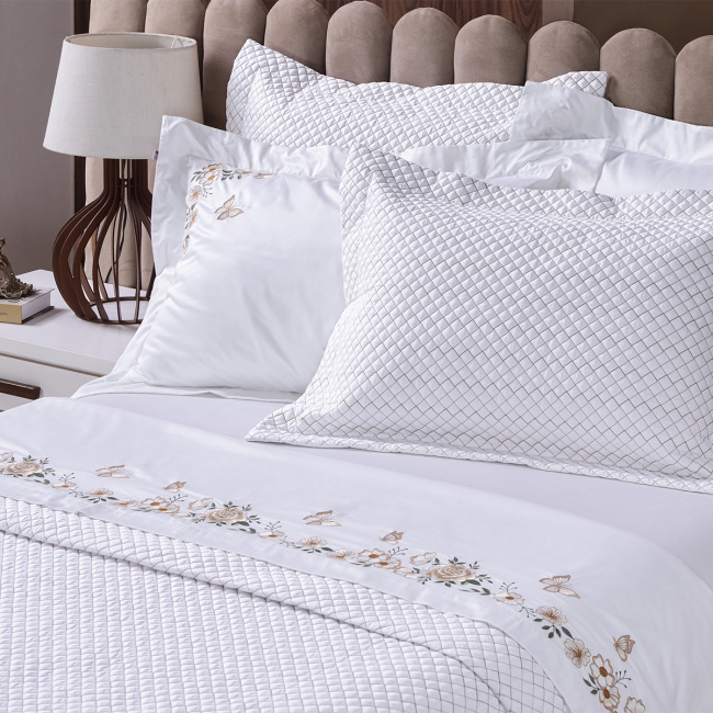 Roupa de Cama Queen Bordada Monet 400 Fios Egípcios 100% Algodão 04 Peças - Branco