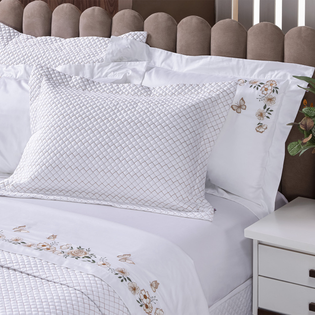 Roupa de Cama Queen Bordada Monet 400 Fios Egípcios 100% Algodão 04 Peças - Branco