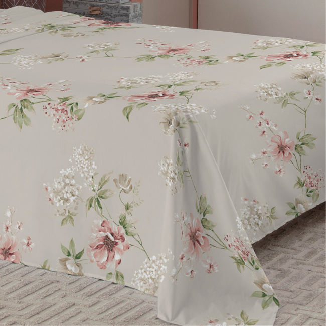 Roupa de Cama Queen Karsten Microfibra Pré-Lavado 90 gramas 04 Peças - Floral Bege