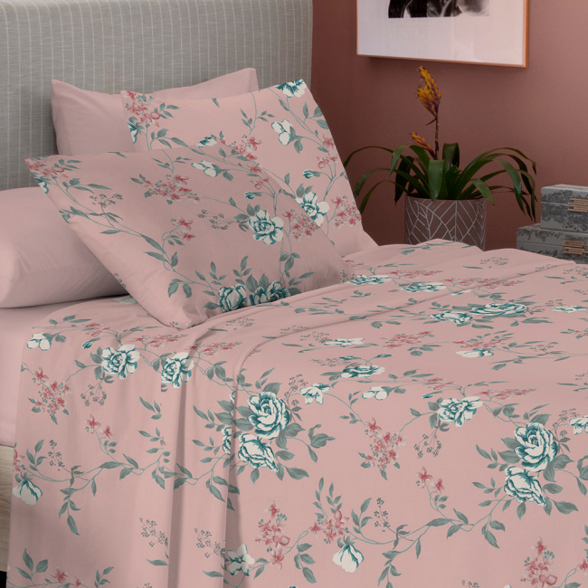 Roupa de Cama Queen Karsten Microfibra Pré-Lavado 90 gramas 04 Peças - Floral Rosa