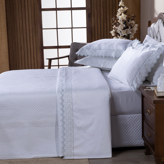 Roupa de Cama Lençol Queen Oliviéri Percal 400 Fios Egípcio Bordado 100% Algodão 04 Peças - Cinza
