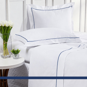Roupa de Cama Solteiro Glass Clean em Algodão 200 Fios 3 Pcs - Branco / Azul Marinho