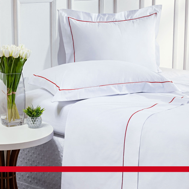 Roupa de Cama Solteiro Glass Clean em Algodão 200 Fios 3 Pcs - Branco / Vermelho
