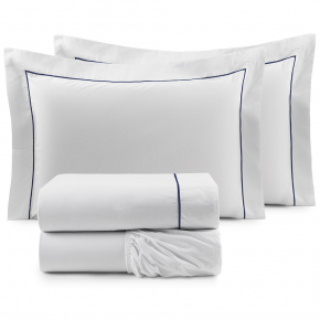 Roupa de Cama Solteiro King Glass Clean 200 Fios 100% Algodão 03 Peças - Branco / Azul Marinho