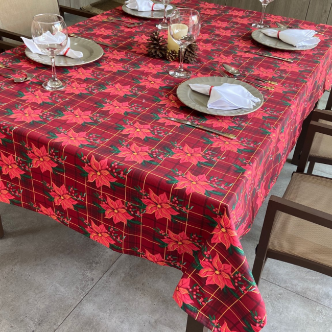 Toalha de Mesa Natal Estampado para 08 Lugares - Vermelho Floral - Borda  Bordados Enxovais