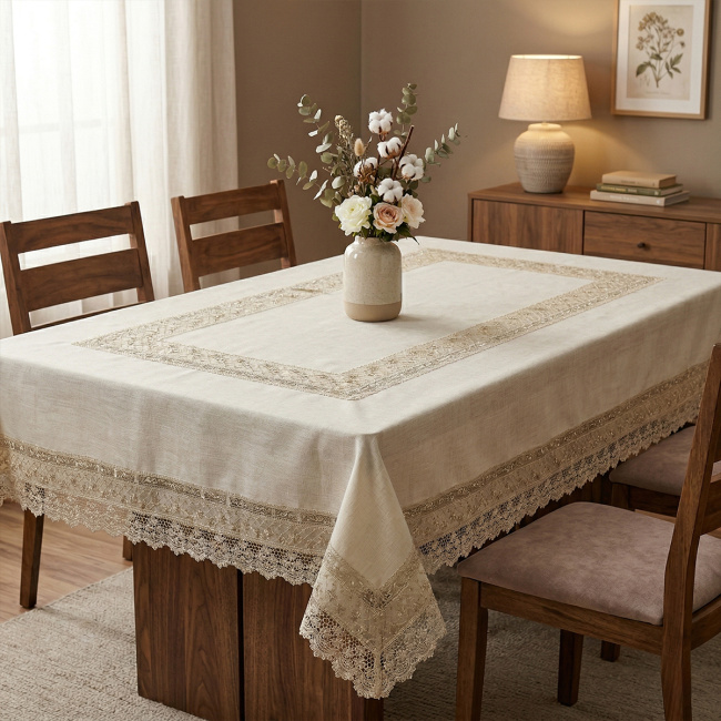 Toalha de Mesa Retangular Filigrana Floral 2,20m x 1,50m Detalhes em Guipir 6 Lugares - Colmeia Dourado